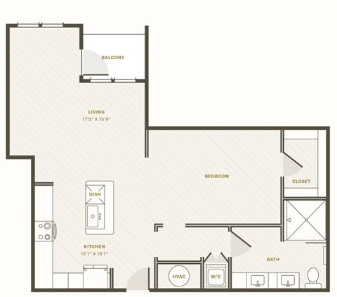 Floor plan for 1 bed, 1 bath, 879 sqft